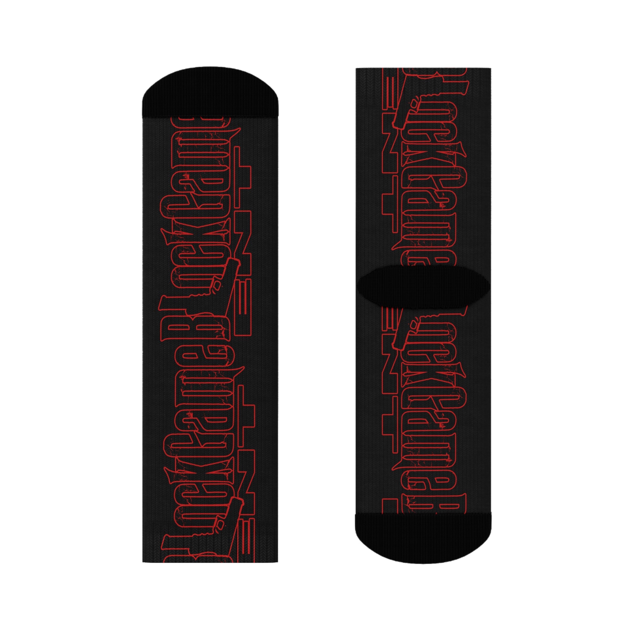 Red Neon Script Crew Socks — Black Graphic Streetwear Socks