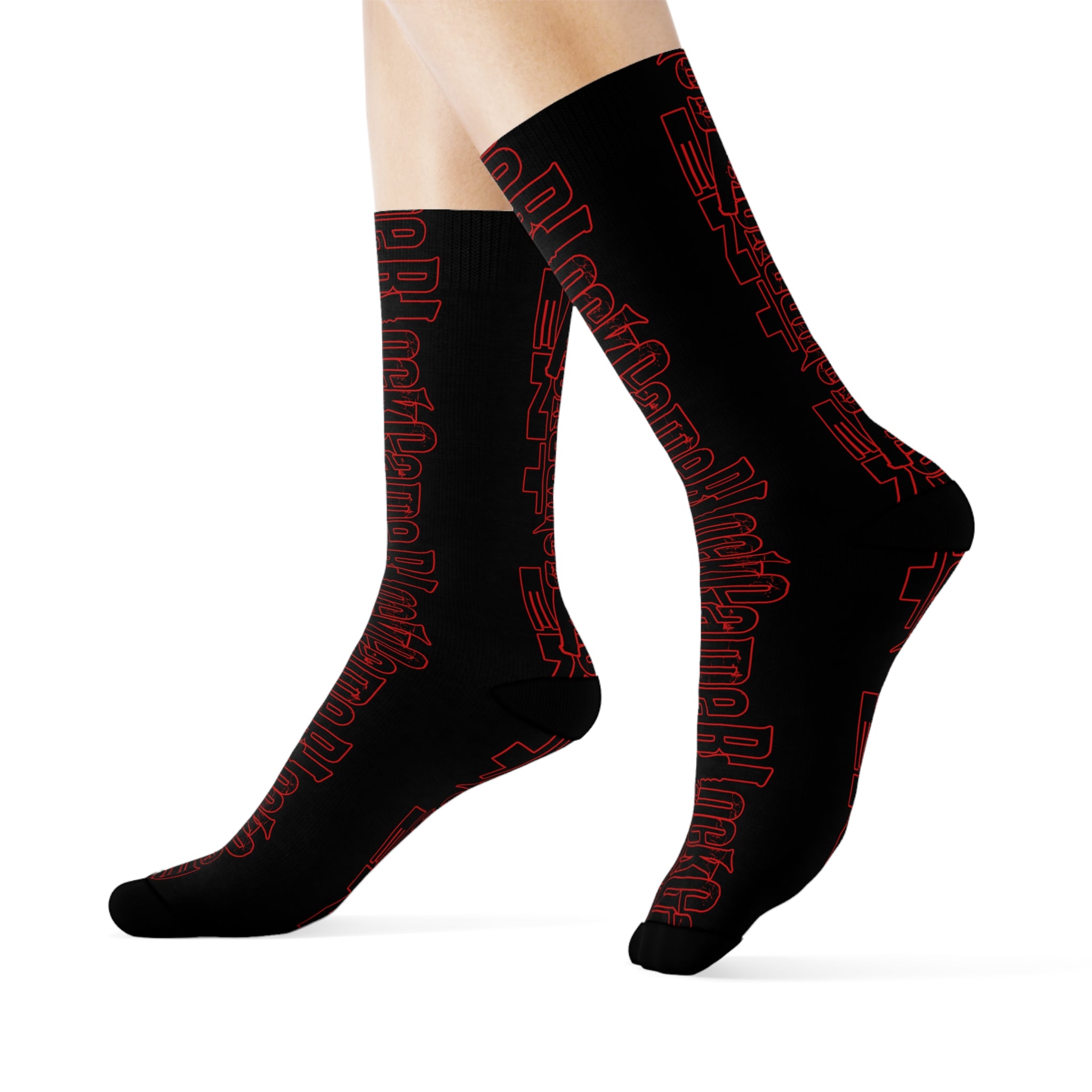 Red Neon Script Crew Socks — Black Graphic Streetwear Socks