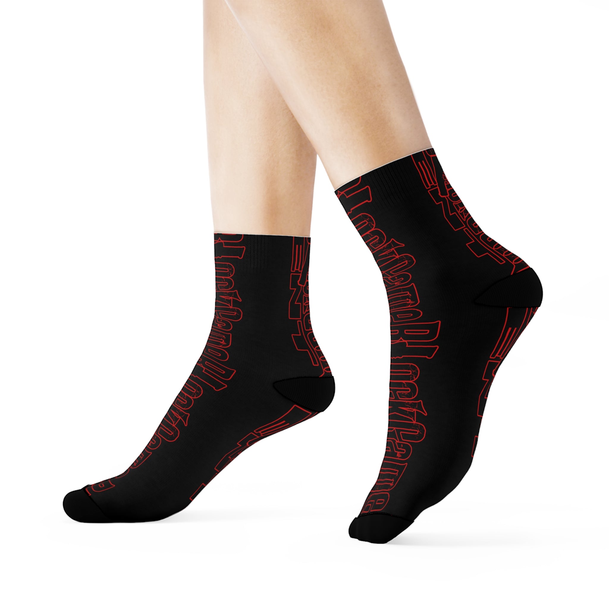 Red Neon Script Crew Socks — Black Graphic Streetwear Socks