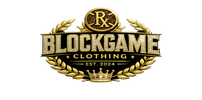 Blockgame Clothing logo with gold and black design on a white background