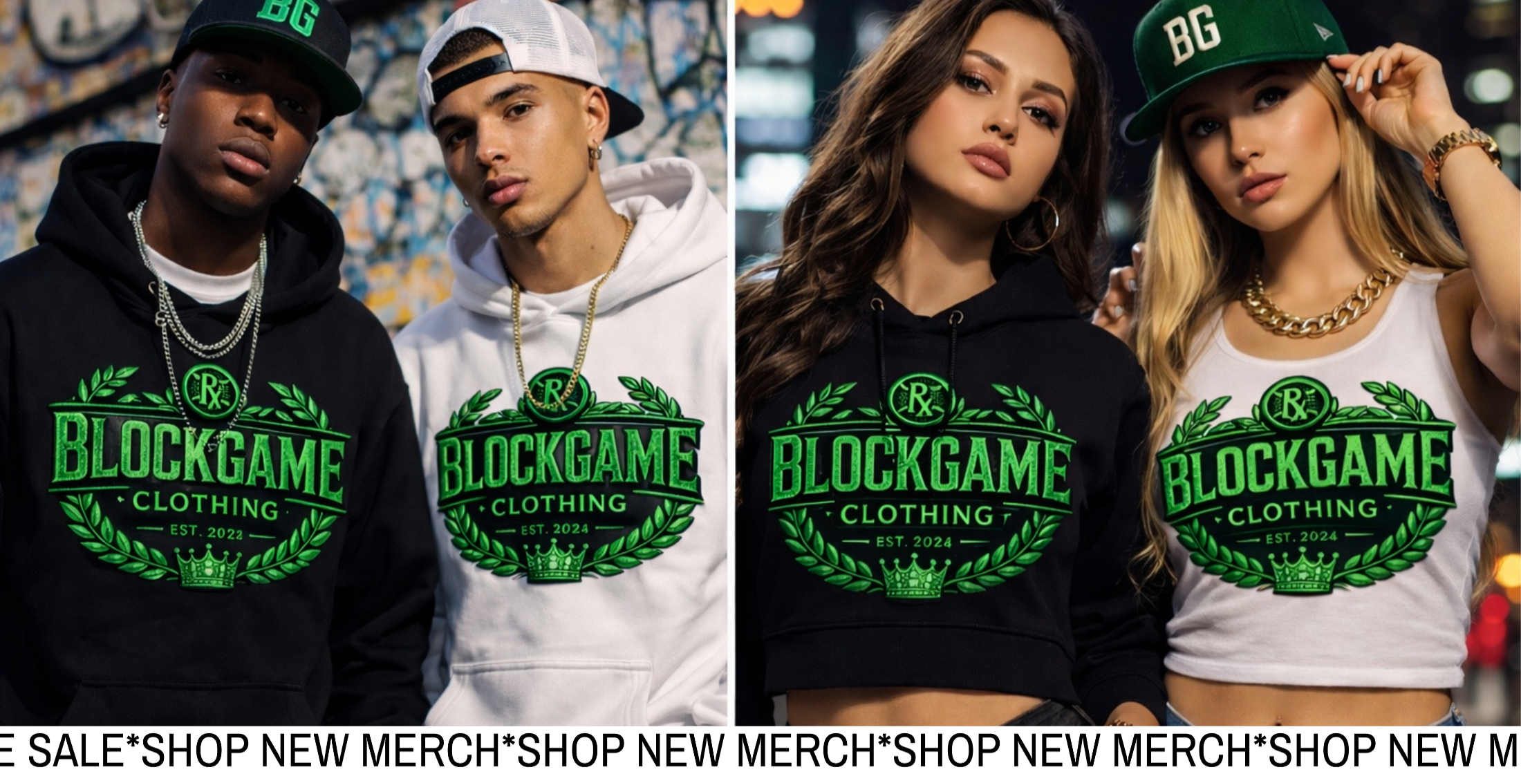 Two men and two women wearing Blockgame Clothing with brand logo and text.